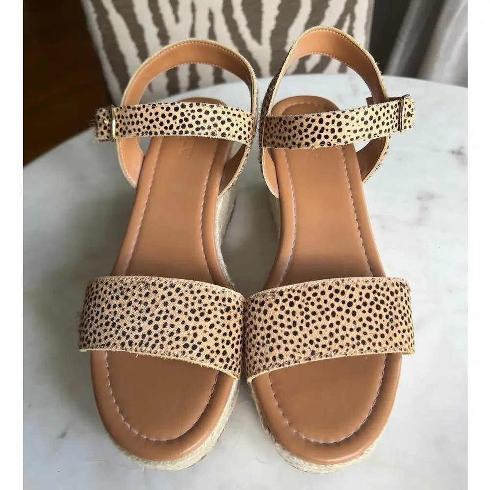 NWOT J Crew Leather Calf Hair Leopard Print Platform Wedges Espadrille Sandals